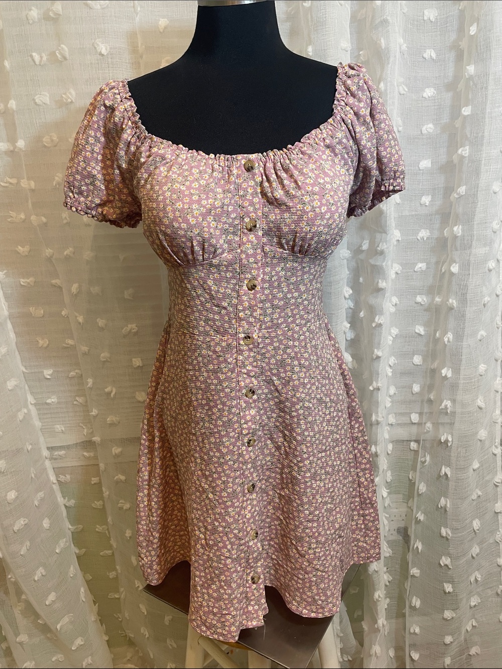 Size Med. bailey blue Pink Floral Mini Dress with Button Front
